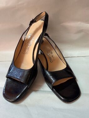 Salvatore Ferragamo Black Leather Open-Toe Slingback Heels